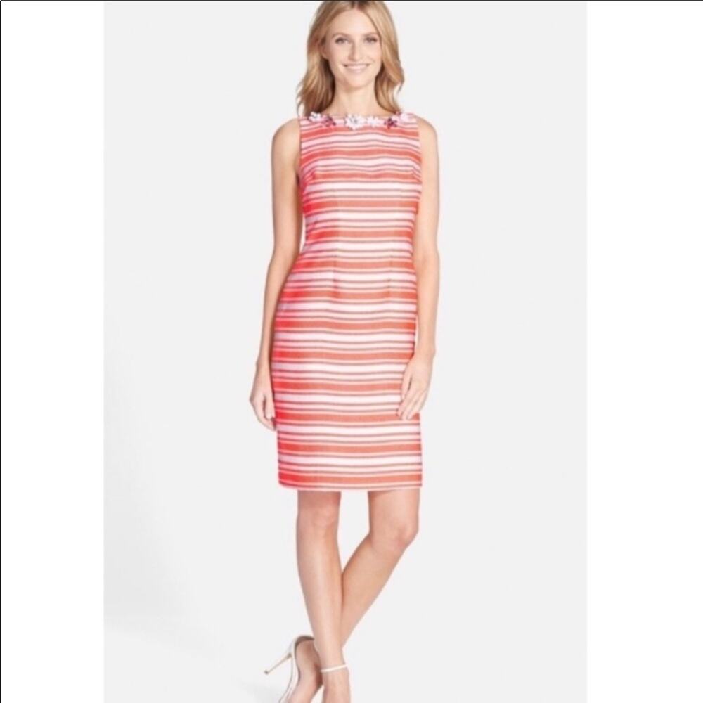 Chetta B Striped Bengaline Neon Coral/White Sheath Dress